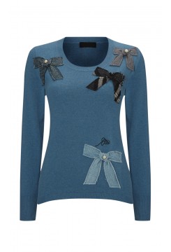 Blue Bow Patchwork Knitted Jumper